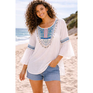 Boho Embroidered Tunic Blue Pink Beaded Silver Coin Detail V-Back Bell Sleeve L